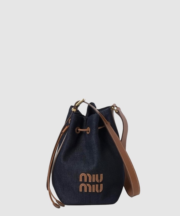 미우미우 로고 데님 레더 라지 버킷백 5BE089