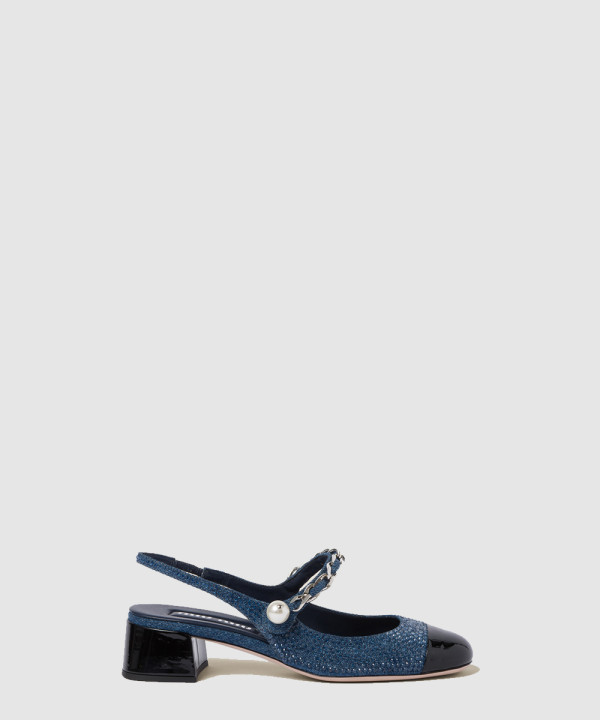 미우미우 펄 체인 데님 슬링백 5I048E