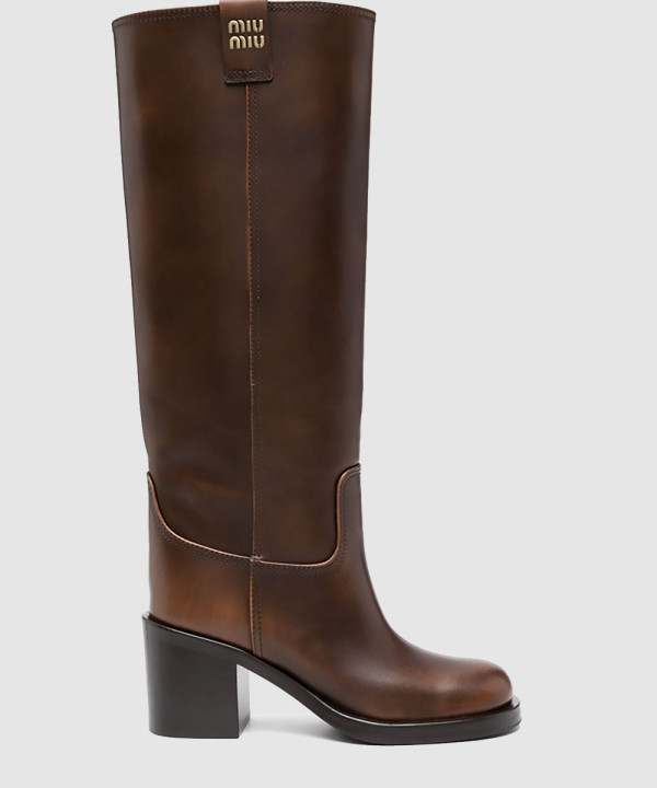 미우미우 로고 레더 롱 부츠 5W967D
